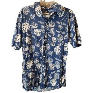 Tipsy Elves Men's XL button-up short sleeve shirt blue crowns palm leaf